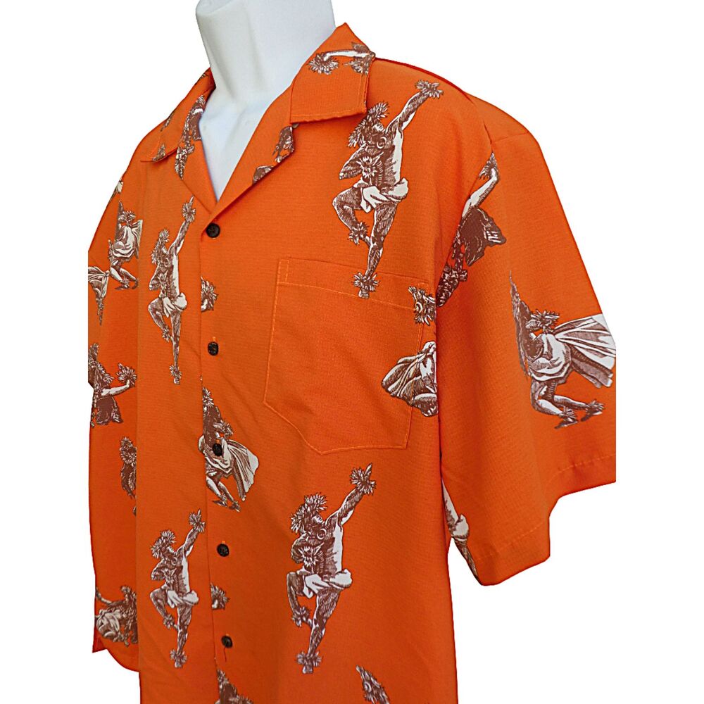 Hilton Hawaiian Orange Camp Shirt Native Hula Dancers Short Sleeve Button Front